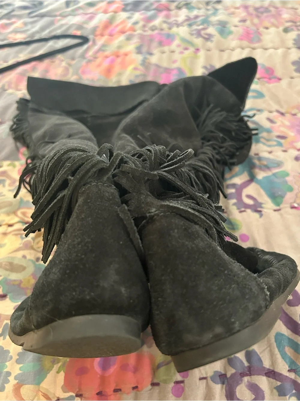 Minnetonka Black Suede Knee High Fringe Boots